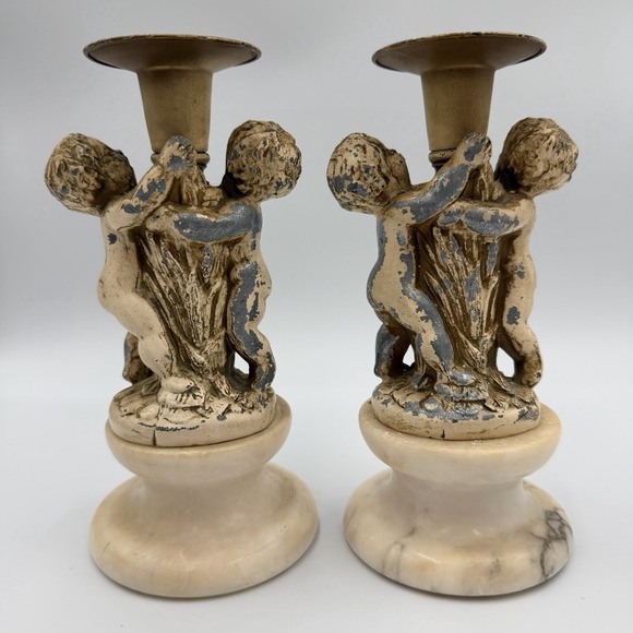 The Unbranded Brand Other - Vintage Italian Alabaster Marble Cherub Candlestick Holders Set - Made In Italy